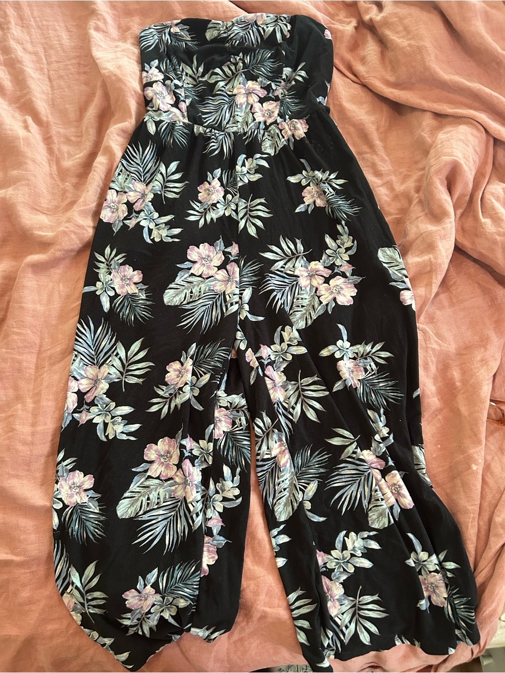 Floral Strapless Black Wide-Leg Jumpsuit